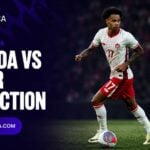 Squawka CA Canada vs Qatar prediction graphic showing a Canada player in the white away kit on the ball