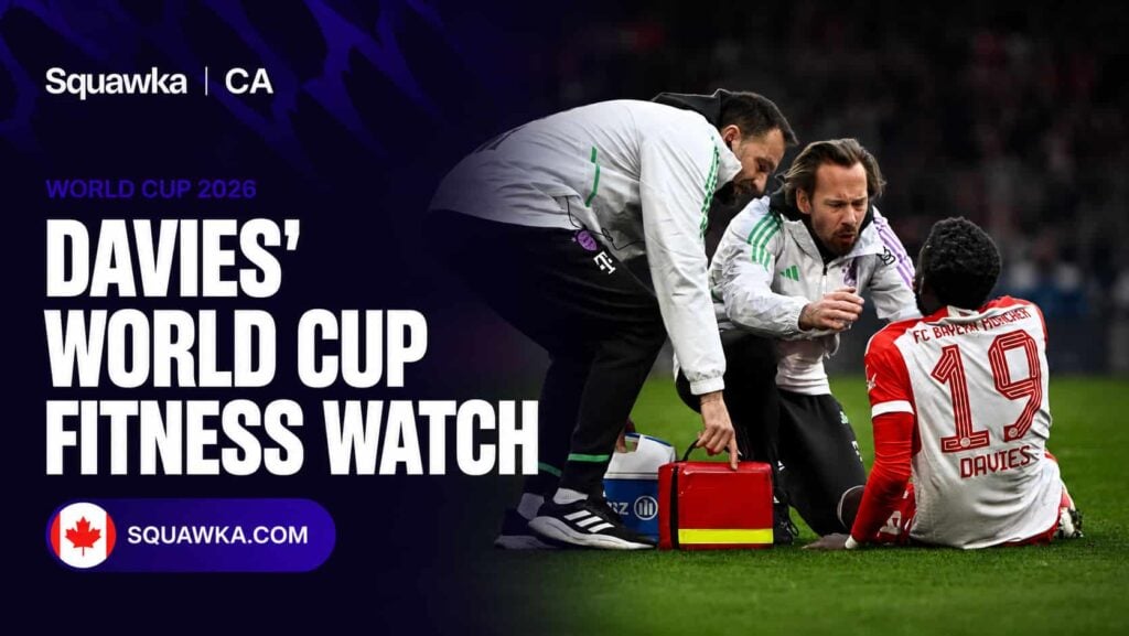 Squawka CA graphic on the Alphonso Davies injury and World Cup fitness watch, showing Davies receiving treatment from medical staff
