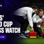 Squawka CA graphic on the Alphonso Davies injury and World Cup fitness watch, showing Davies receiving treatment from medical staff
