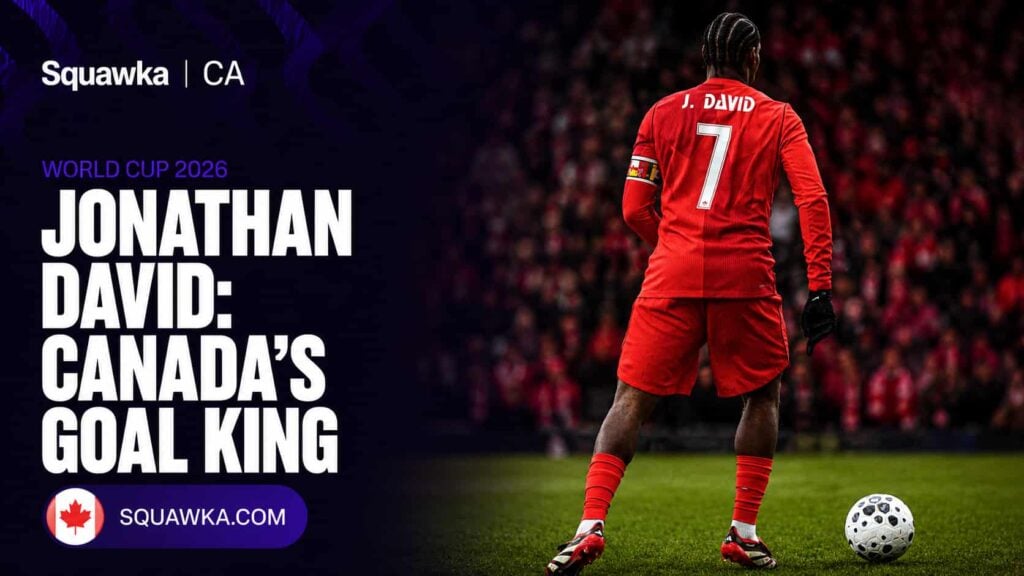 Squawka CA Jonathan David stats graphic showing the Canada striker in his red No. 7 home kit