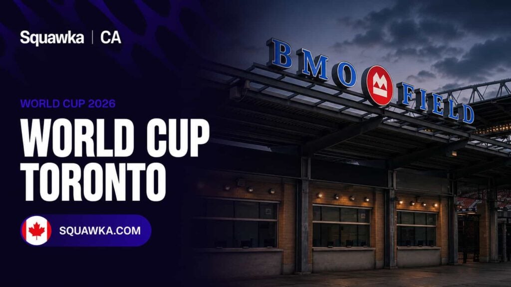 Squawka CA World Cup Toronto graphic showing the BMO Field stadium entrance in Toronto at dusk