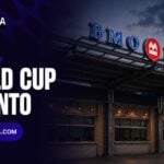 Squawka CA World Cup Toronto graphic showing the BMO Field stadium entrance in Toronto at dusk