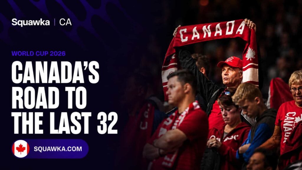 Squawka CA Canada World Cup scenarios graphic showing a Canada fan holding up a CANADA scarf in the stands