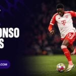 Squawka CA Alphonso Davies stats graphic showing the Canada and Bayern Munich full-back driving forward with the ball