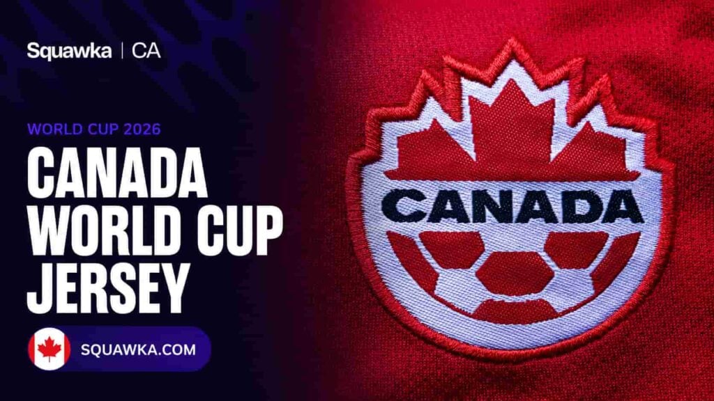 Squawka CA Canada World Cup 2026 jersey graphic showing the Canada Soccer crest on the red kit