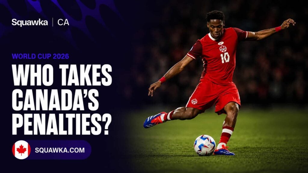 Squawka CA Canada set-piece takers graphic showing Jonathan David striking the ball in the red Canada kit