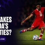 Squawka CA Canada set-piece takers graphic showing Jonathan David striking the ball in the red Canada kit
