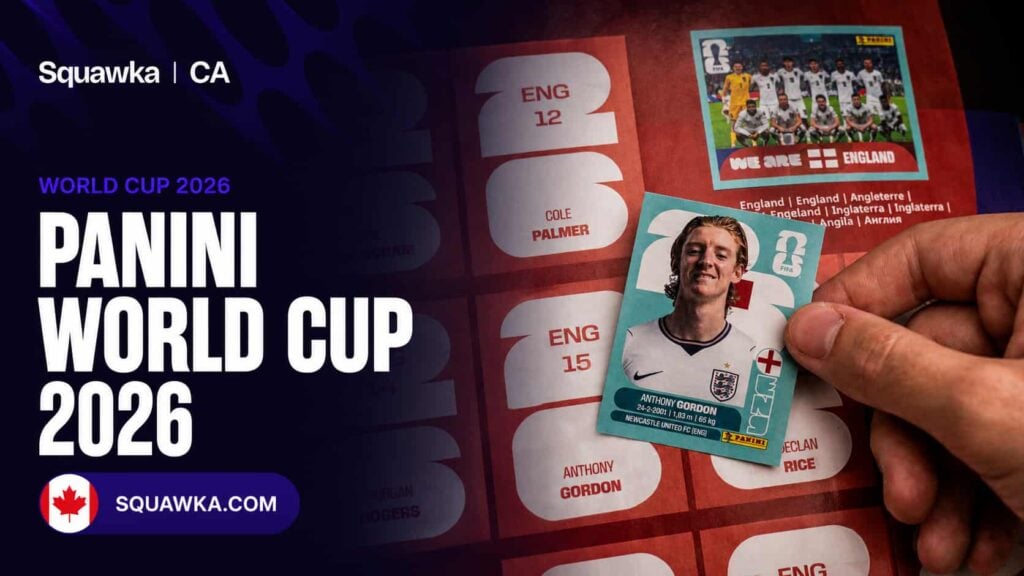 Squawka CA Panini World Cup 2026 graphic showing the sticker album and a hand holding a player sticker