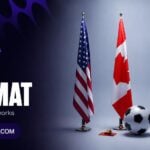 USA, Canada and Mexico flags with a soccer ball, the three World Cup 2026 host nations