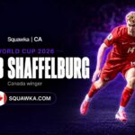 Jacob Shaffelburg in Canada's red No. 14 kit on a Squawka World Cup 2026 graphic
