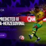 Canada player in the red home kit on a Squawka World Cup 2026 graphic for the predicted XI vs Bosnia-Herzegovina