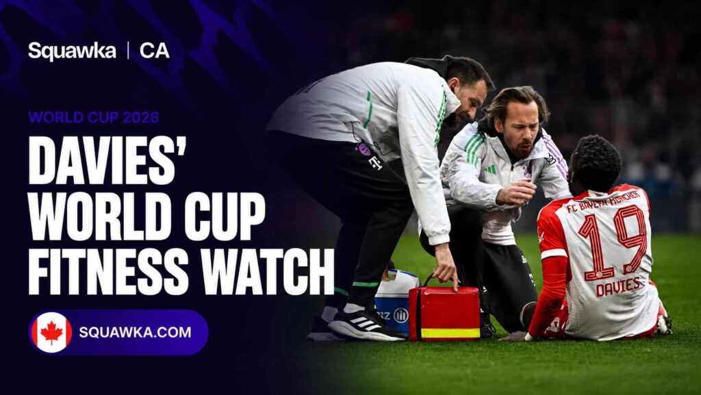 Alphonso Davies receiving treatment from medical staff on a Squawka World Cup 2026 injury-watch graphic