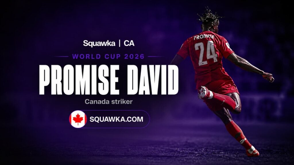 Promise David in Canada kit on a Squawka World Cup 2026 graphic