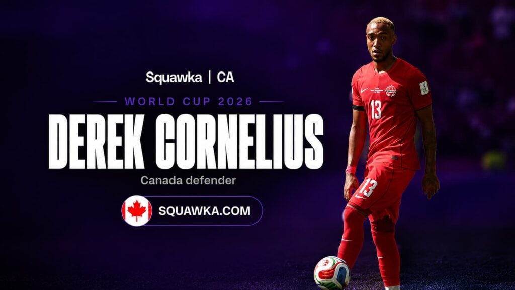 Derek Cornelius in Canada kit on a Squawka World Cup 2026 graphic