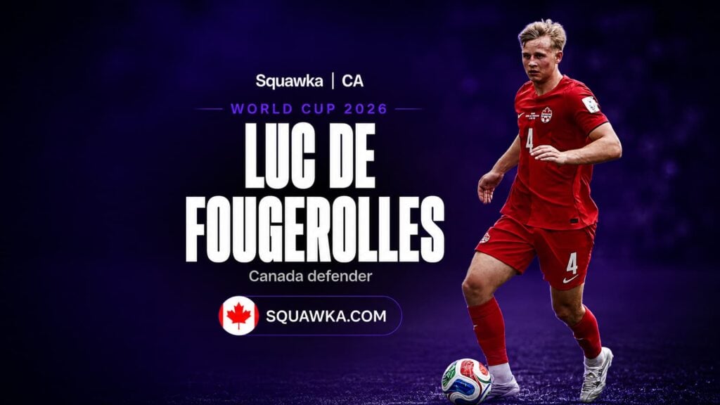 Luc de Fougerolles in Canada kit on a Squawka World Cup 2026 graphic