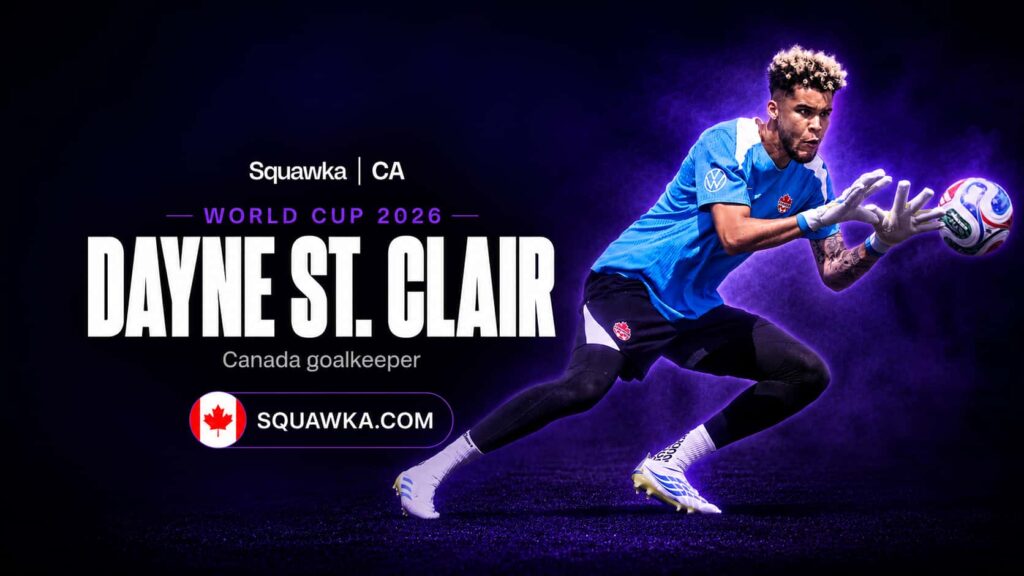 Dayne St. Clair in Canada kit on a Squawka World Cup 2026 graphic