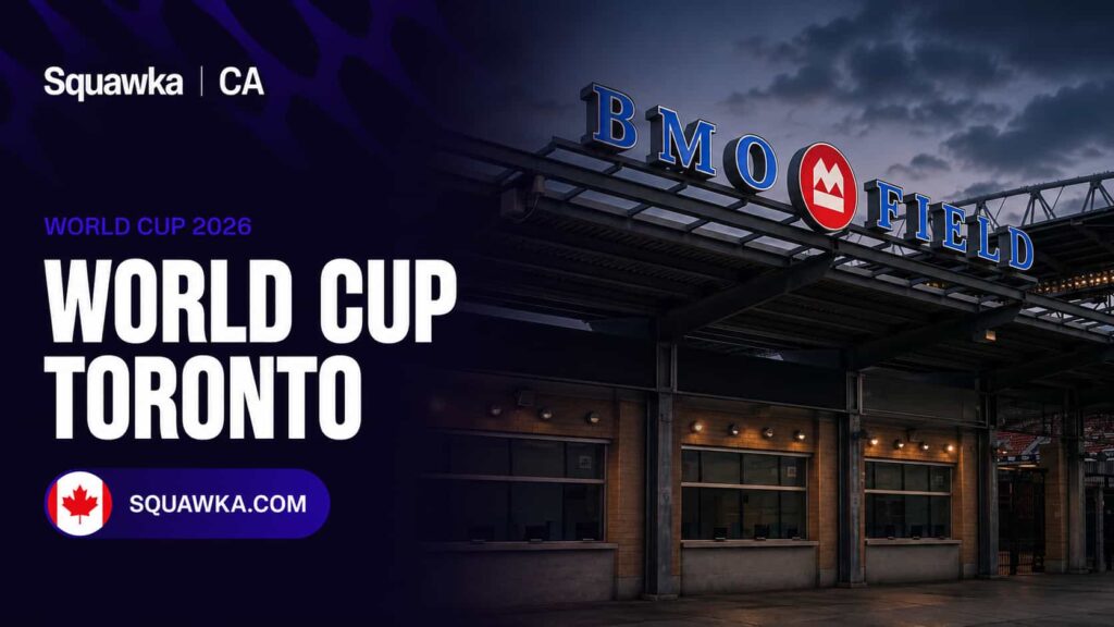 BMO Field stadium entrance in Toronto at dusk on a Squawka World Cup 2026 graphic