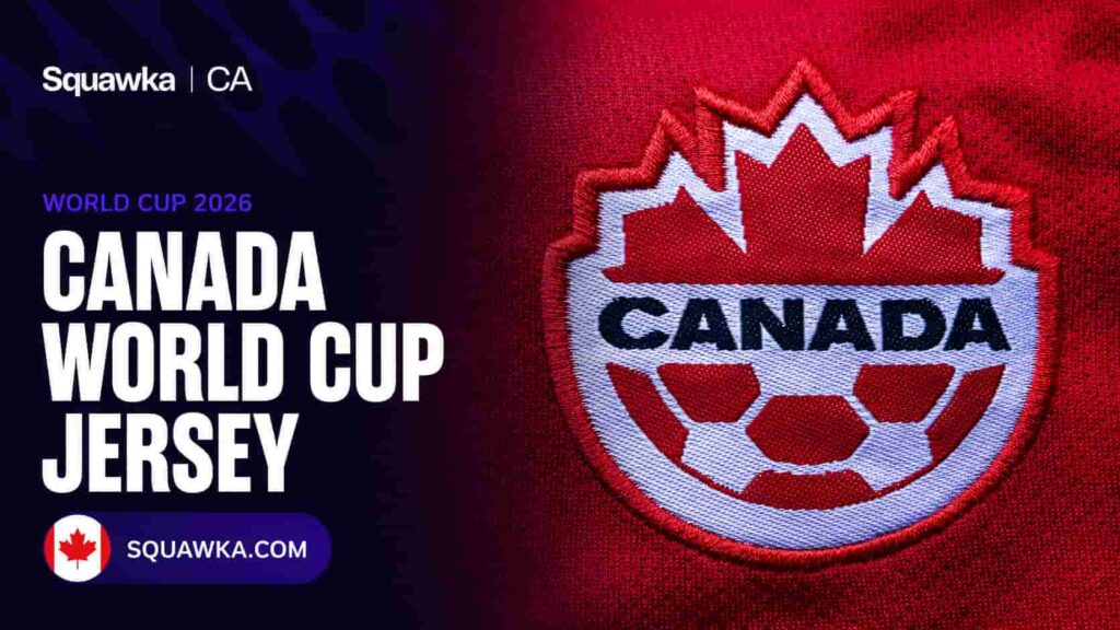 The Canada Soccer crest on the red home jersey on a Squawka World Cup 2026 graphic