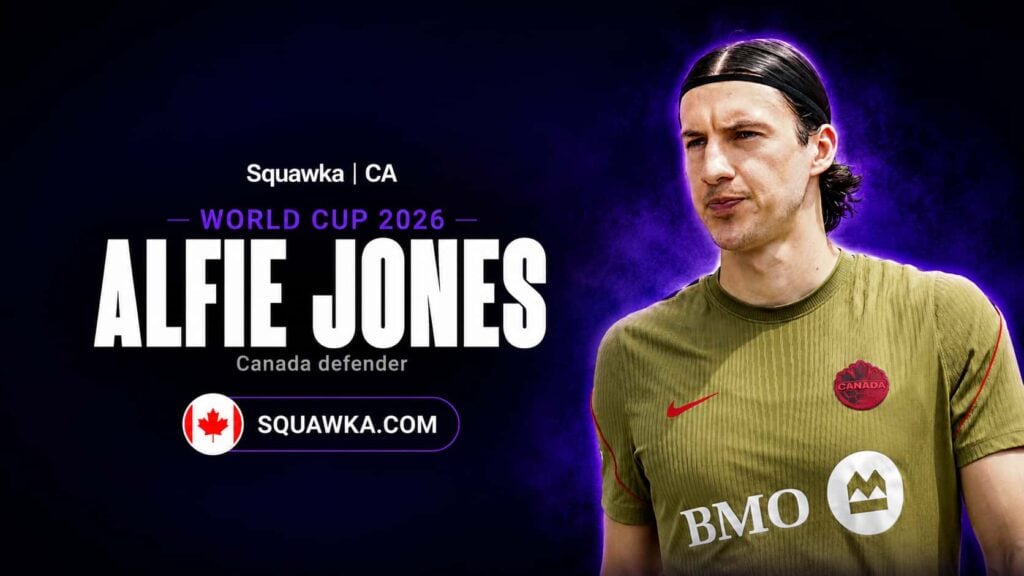 Alfie Jones in Canada kit on a Squawka World Cup 2026 graphic