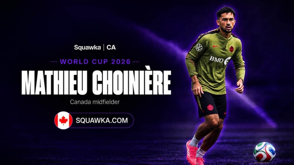 Mathieu Choiniere in Canada kit on a Squawka World Cup 2026 graphic