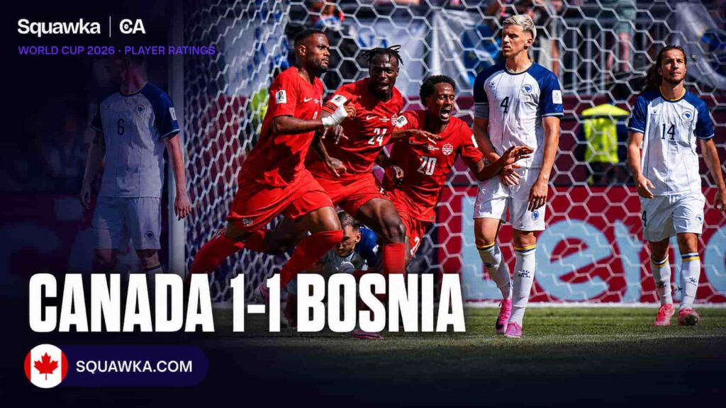 Canada players celebrating during the 1-1 World Cup 2026 draw with Bosnia and Herzegovina — Squawka | CA · WORLD CUP 2026 feature graphic