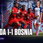 Canada players celebrating during the 1-1 World Cup 2026 draw with Bosnia and Herzegovina — Squawka | CA · WORLD CUP 2026 feature graphic