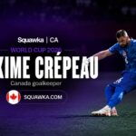 Maxime Crepeau in action in the Canada goalkeeper kit at the 2026 World Cup — Squawka | CA · WORLD CUP 2026 feature graphic
