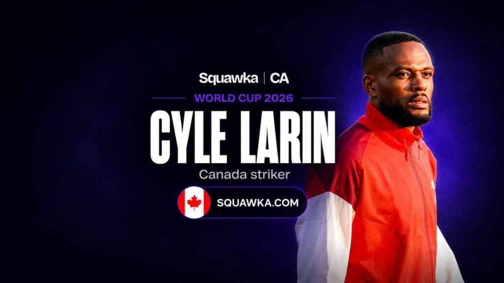Cyle Larin in Canada kit on a Squawka World Cup 2026 graphic