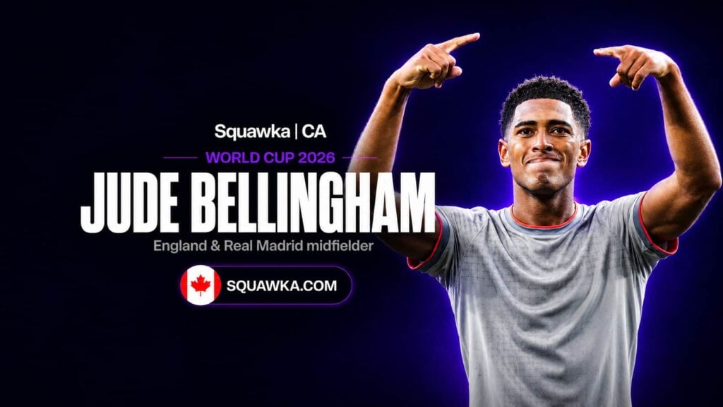Jude Bellingham, England and Real Madrid midfielder, on a Squawka World Cup 2026 graphic