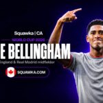Jude Bellingham, England and Real Madrid midfielder, on a Squawka World Cup 2026 graphic