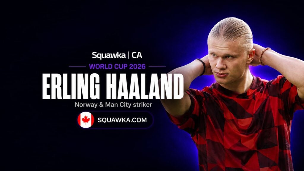 Erling Haaland, Norway and Manchester City striker, on a Squawka World Cup 2026 graphic