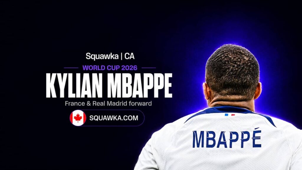 Kylian Mbappe, France and Real Madrid forward, on a Squawka World Cup 2026 graphic