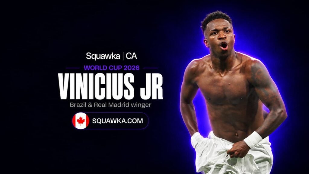 Vinicius Jr, Brazil and Real Madrid winger, on a Squawka World Cup 2026 graphic