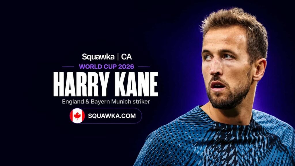 Harry Kane, England and Bayern Munich striker, on a Squawka World Cup 2026 graphic