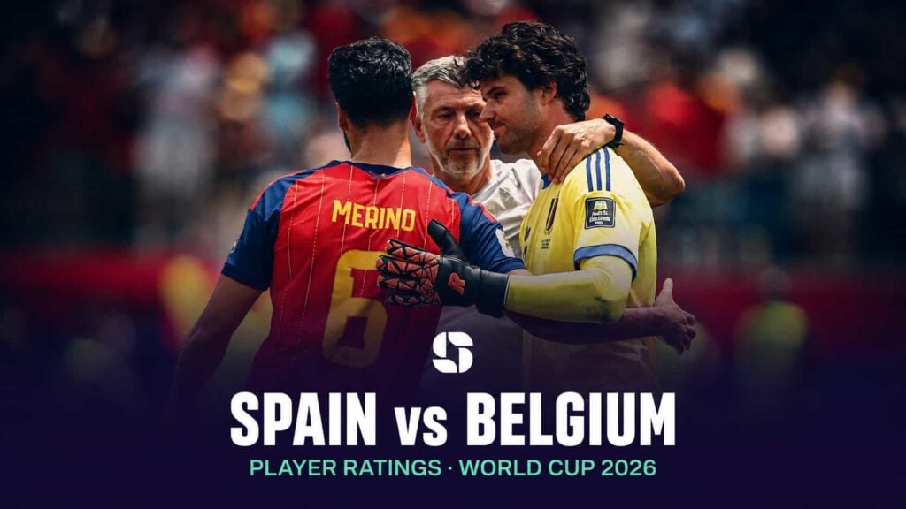 Spain's Mikel Merino embraces a Belgium player at full time after Spain's World Cup 2026 quarter-final win.