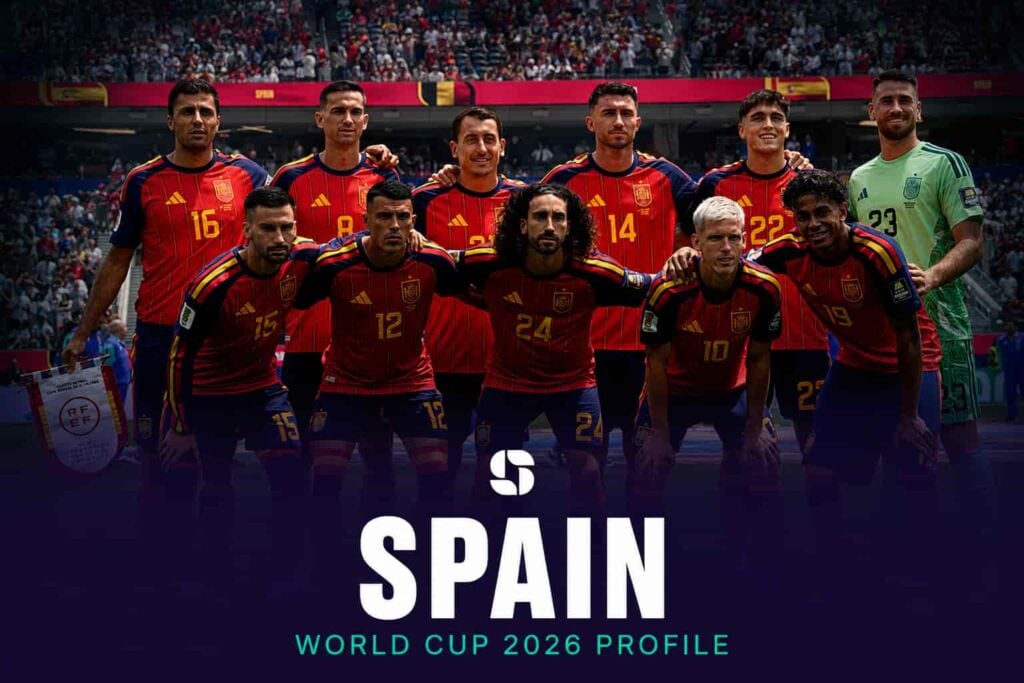 The Spain national football team line up before a World Cup 2026 match.