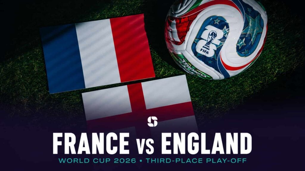 France and England flags beside a World Cup 2026 match ball ahead of the third-place playoff.