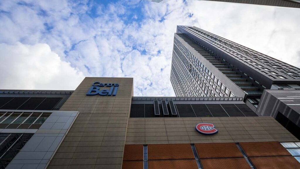 Exterior of the Bell Centre in Montréal, home of the NHL's Canadiens, showing the Centre Bell sign and Canadiens logo
